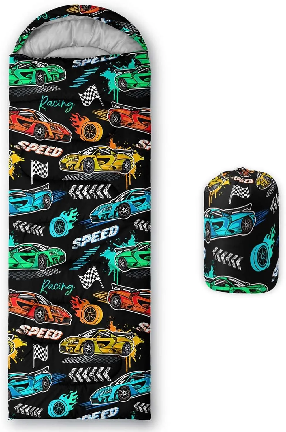 HOSIMA Adult Kids Sleeping Bag-Adorable Cartoon Car Pattern,Cold Weather and Warm Weather Sleeping Bag for Camping Hiking Sleepaway Camp Stuff,Light Blue Backpacking Ultralight Sleeping Bag.