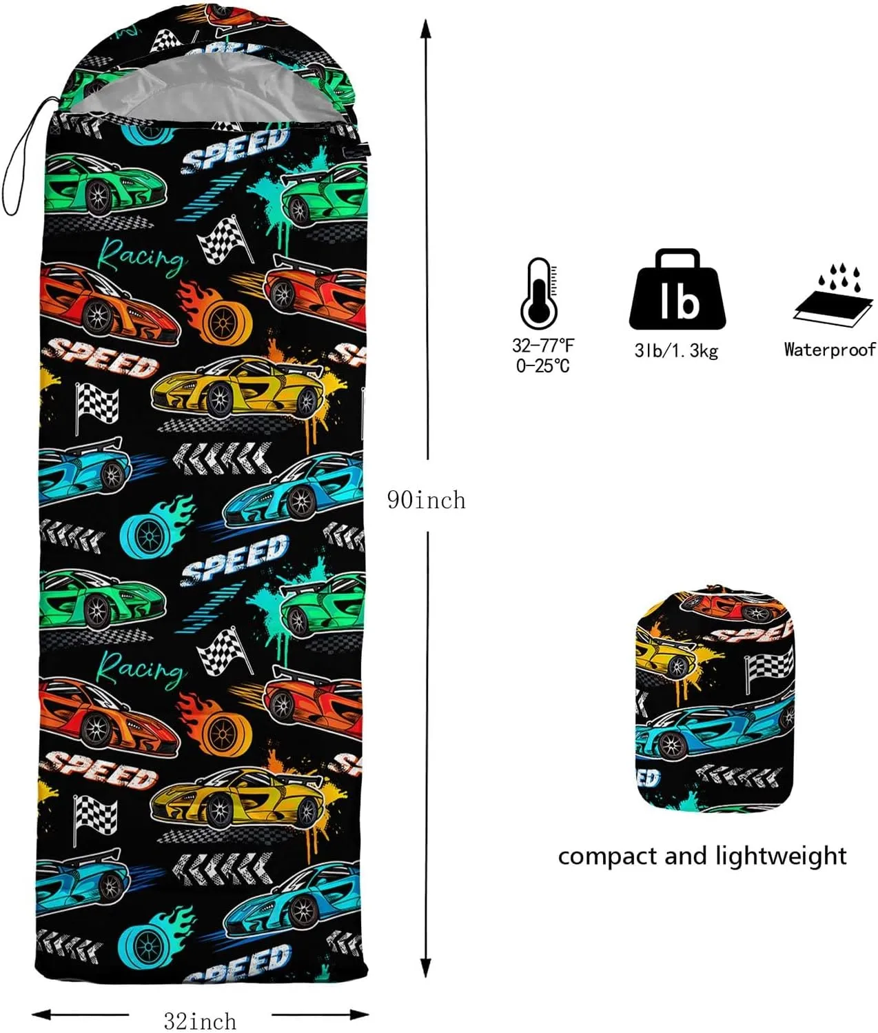 HOSIMA Adult Kids Sleeping Bag-Adorable Cartoon Car Pattern,Cold Weather and Warm Weather Sleeping Bag for Camping Hiking Sleepaway Camp Stuff,Light Blue Backpacking Ultralight Sleeping Bag.