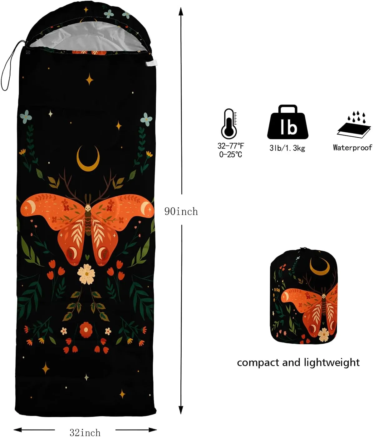 HOSIMA Butterfly Sleeping Bags for Adults and Kids for Camping,Black Gothic Ultralight Sleeping Bag for Cold Weather Summer.