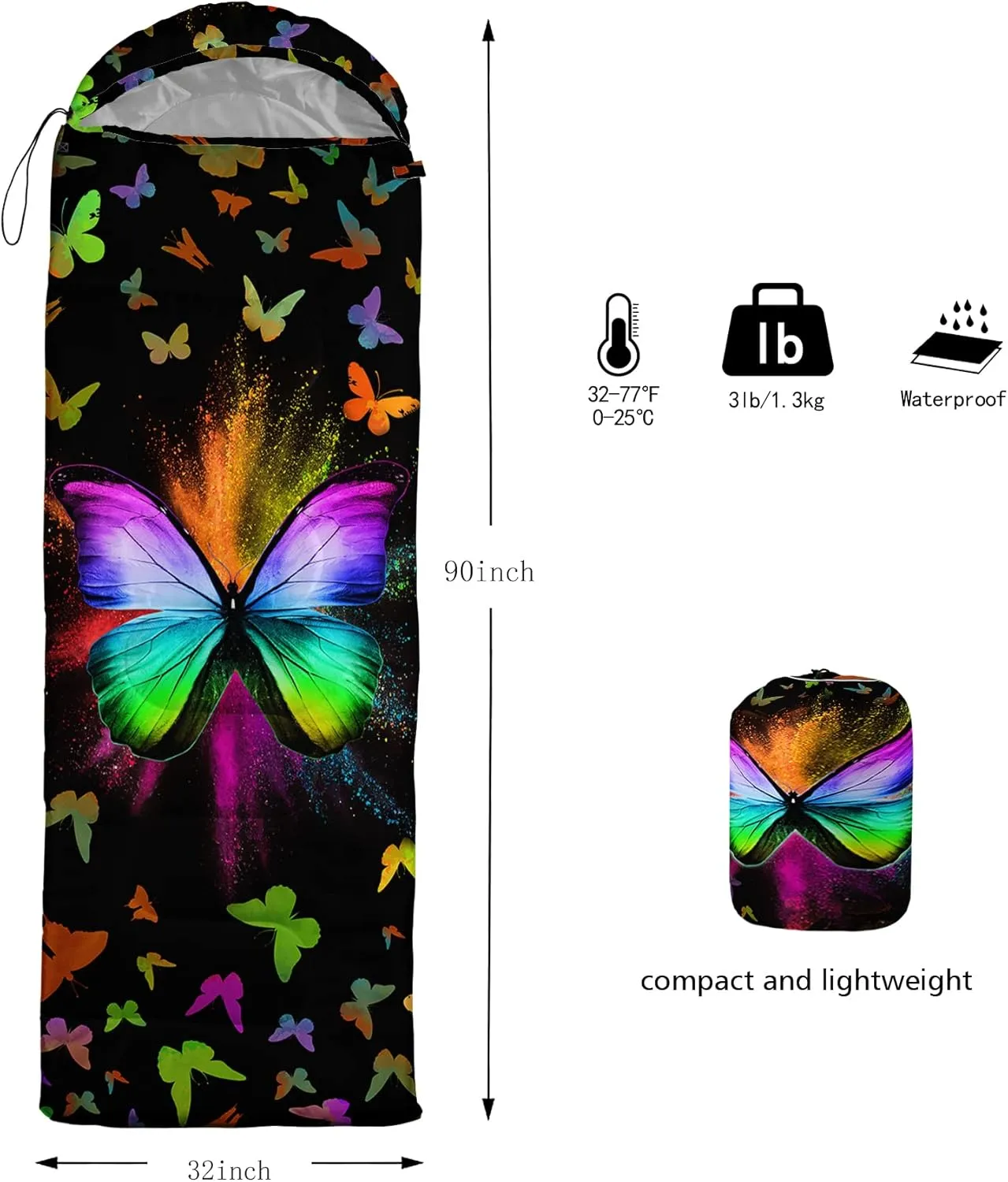 HOSIMA Butterfly Sleeping Bags for Adults and Kids for Camping,Black Gothic Ultralight Sleeping Bag for Cold Weather Summer.