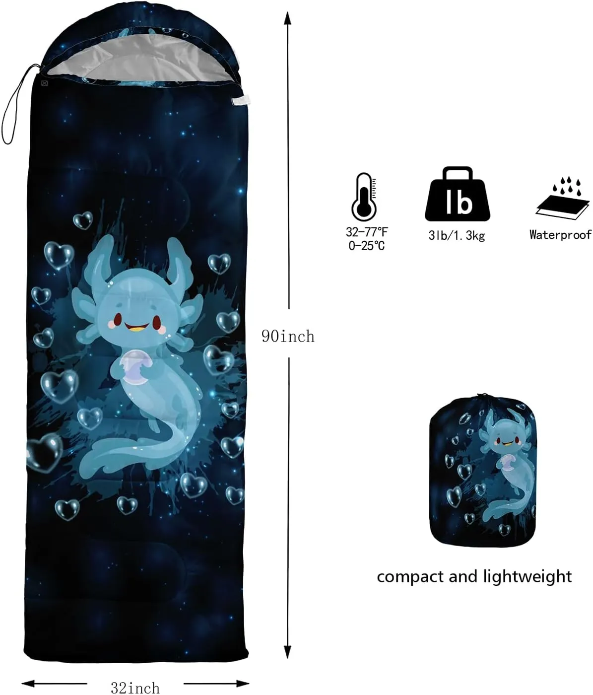 HOSIMA Cartoon Axolotl Sleeping Bags for Kids 10-12,Blue Cartoon Kids Sleeping Bags for Girls Boys,Compact Sleeping Bag for Camping Essentials and Hiking.