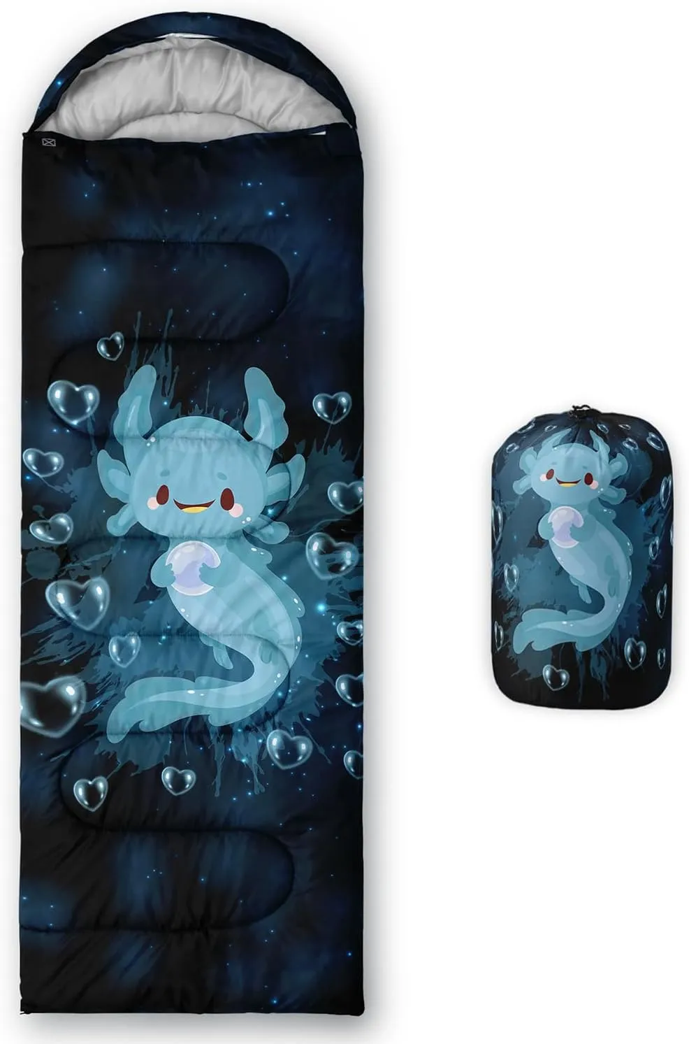 HOSIMA Cartoon Axolotl Sleeping Bags for Kids 10-12,Blue Cartoon Kids Sleeping Bags for Girls Boys,Compact Sleeping Bag for Camping Essentials and Hiking.