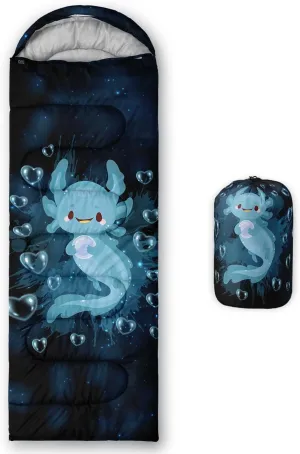 HOSIMA Cartoon Axolotl Sleeping Bags for Kids 10-12,Blue Cartoon Kids Sleeping Bags for Girls Boys,Compact Sleeping Bag for Camping Essentials and Hiking.