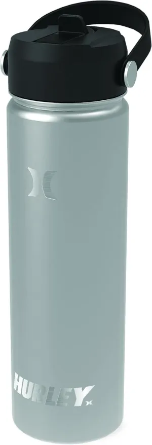 Hurley Insulated Water Bottle - 20 Oz Stainless Steel Water Bottle, Travel Water Bottle for Sports & Outdoor Activities - Insulated Bottle for Cold & Hot Drinks, Includes Flip Open Straw Lid, Silver