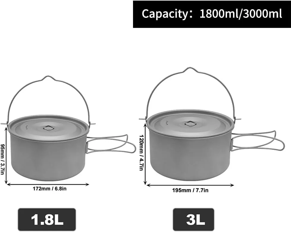 HXBER 1.8L/3L Titanium Pot Ultralight Hanging Pot with Lid and Foldable Handle Outdoor Camping Hiking Backpacking Picnic