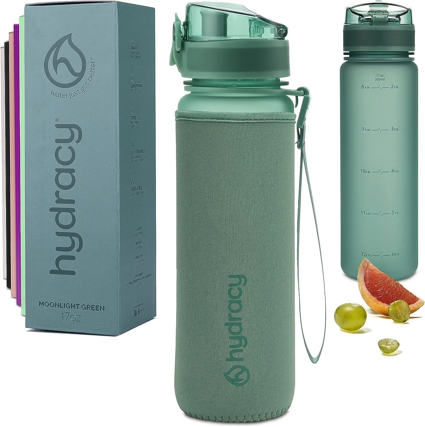 Hydracy Water Bottle with Time Marker -Large BPA Free Water Bottle & No Sweat Sleeve -Leak Proof Gym Bottle with Fruit Infuser Strainer & Times to Drink -Ideal for Fitness Sports & Outdoors