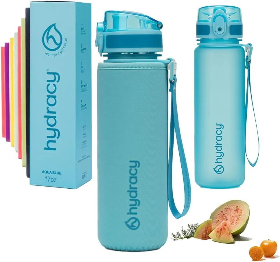 Hydracy Water Bottle with Time Marker -Large BPA Free Water Bottle & No Sweat Sleeve -Leak Proof Gym Bottle with Fruit Infuser Strainer & Times to Drink -Ideal for Fitness Sports & Outdoors