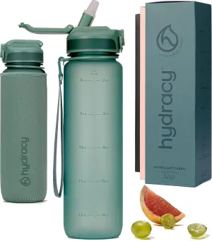 Hydracy Water Bottle with Time Marker -Large BPA Free Water Bottle & No Sweat Sleeve -Leak Proof Gym Bottle with Fruit Infuser Strainer & Times to Drink -Ideal for Fitness Sports & Outdoors
