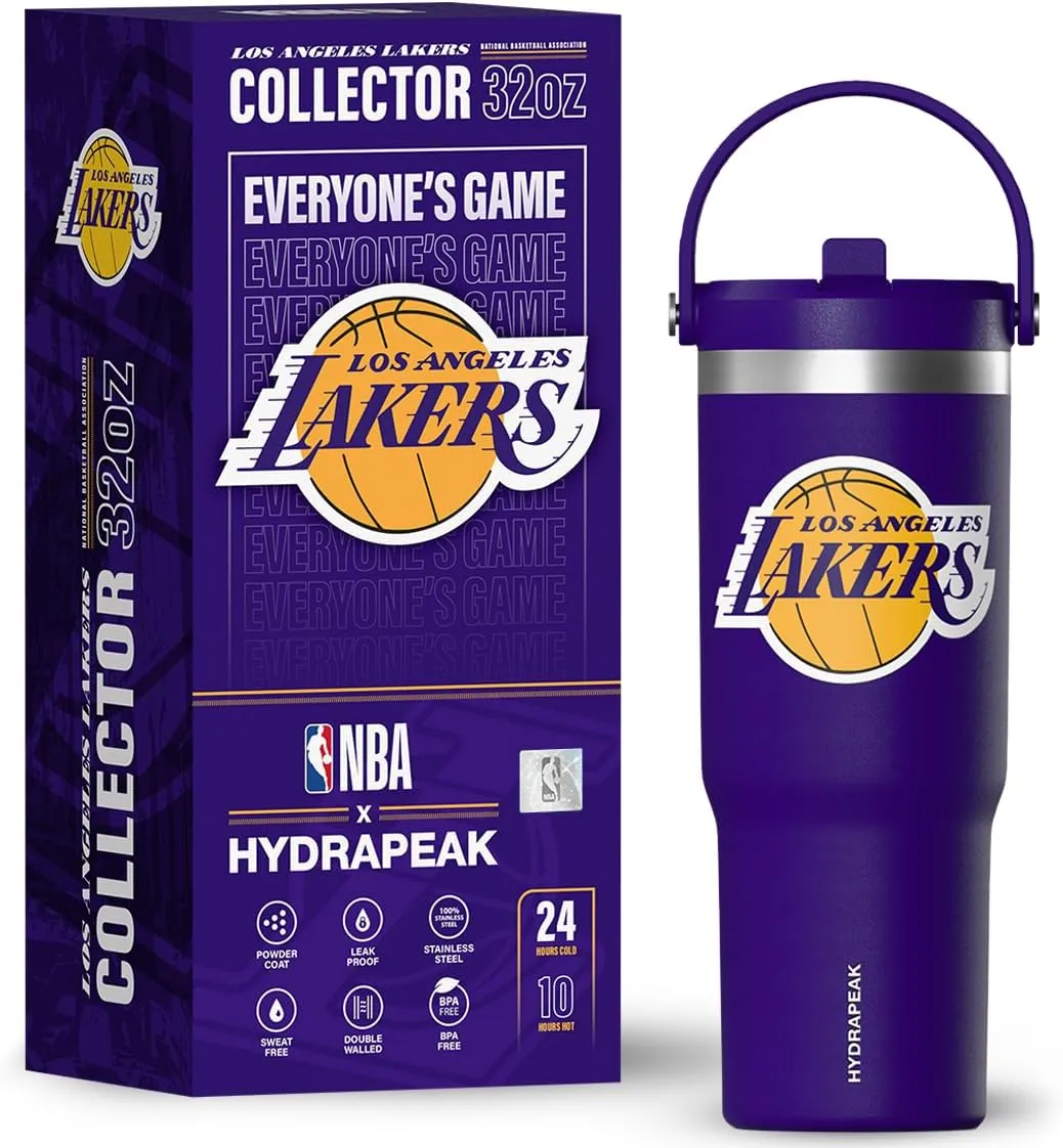 Hydrapeak x NBA Officially Licensed Los Angeles Lakers 32oz Nomad Stainless Steel Tumbler with Handle and Straw Lid, Leakproof Water Bottle in Limited Edition Collector's Gift Box
