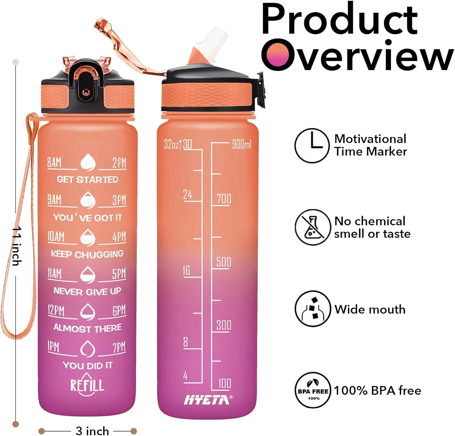 Hyeta 32 oz Water Bottles with Times to Drink and Straw, Motivational Water Bottle with Time Marker, Leakproof, Drinking Sports Water Bottle for Fitness, Gym and Outdoor