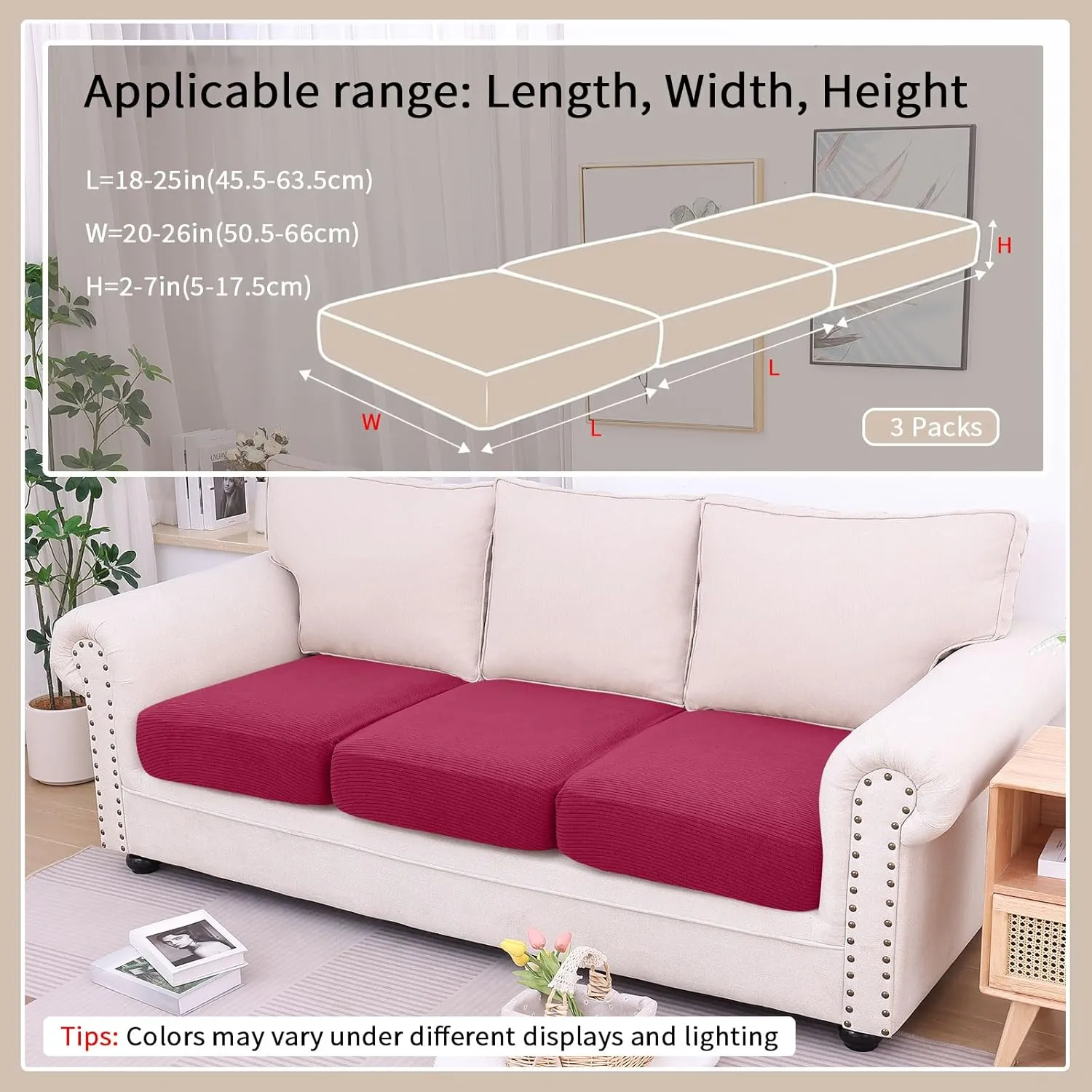 hyha Waterproof Couch Cushion Covers, Against Spills, Couch Cover for Dogs Washable, Thick Elastic Jacquard Fabric, Waterproof Sofa Seat Slipovers for Pets (3 Pieces, Wine Red)