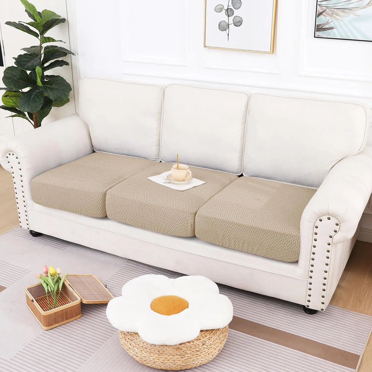 hyha Waterproof Couch Cushion Covers, Wear Resistant Couch Cover, Anti Slip Sofa Slipcovers Washable, Soft Thick Jacquard Furniture Protector for Pets Dog (3 Packs, Camel)