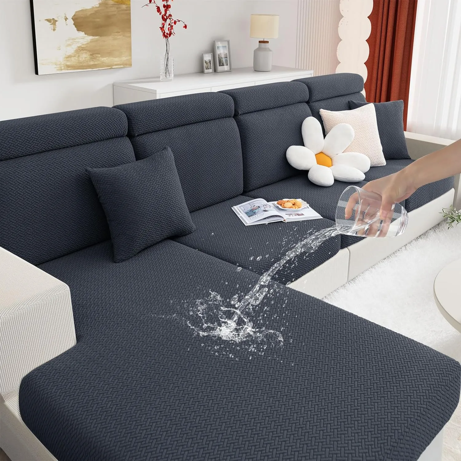 hyha Waterproof Couch Cushion Covers, Wear Resistant Couch Cover, Anti Slip Sofa Slipcovers Washable, Soft Thick Jacquard Furniture Protector for Pets Dog (3 Packs, Dark Grey)