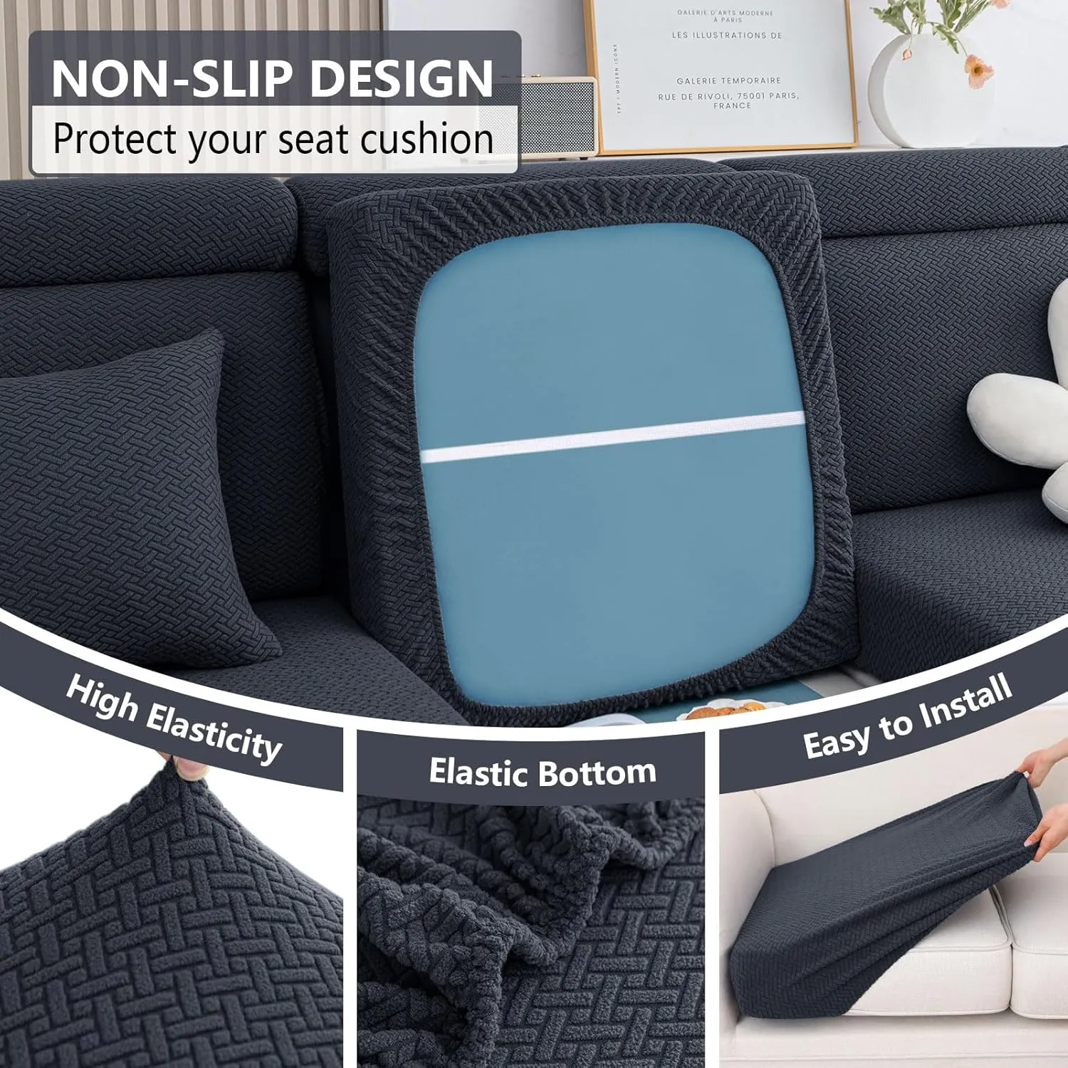 hyha Waterproof Couch Cushion Covers, Wear Resistant Couch Cover, Anti Slip Sofa Slipcovers Washable, Soft Thick Jacquard Furniture Protector for Pets Dog (3 Packs, Dark Grey)
