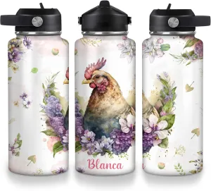 Hyturtle Personalized Gift for Chicken Lovers - Animal Lover Gift for Women Girls on Birthday Christmas - Floral Chicken Lover Gifts - 18oz 32oz Stainless Steel Bottle - Insulated Travel Water Bottle