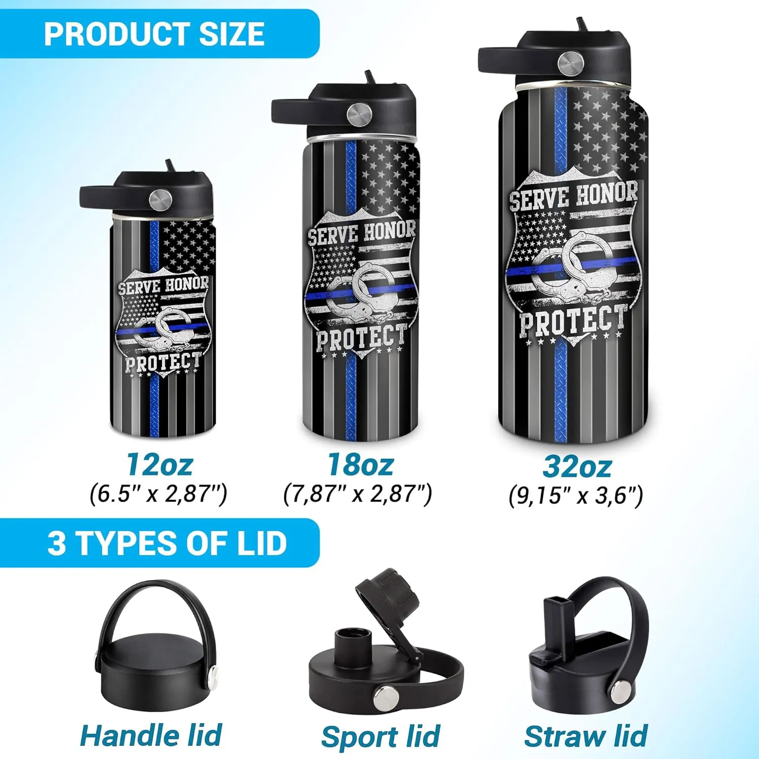 Hyturtle Personalized Police Water Bottle - Insulated Stainless Steel Bottle with Leak-Proof Lid 18 oz 32 oz, Thin Blue Line Flag Gift for Cops, Police Academy Graduation Gifts On Birthday Christmas