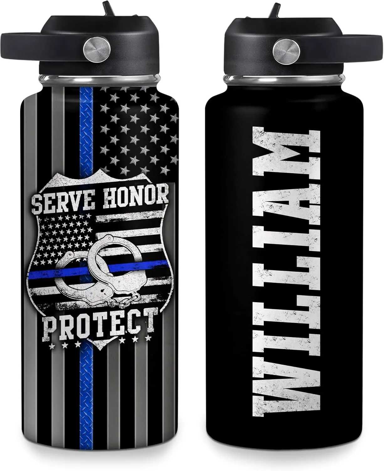 Hyturtle Personalized Police Water Bottle - Insulated Stainless Steel Bottle with Leak-Proof Lid 18 oz 32 oz, Thin Blue Line Flag Gift for Cops, Police Academy Graduation Gifts On Birthday Christmas