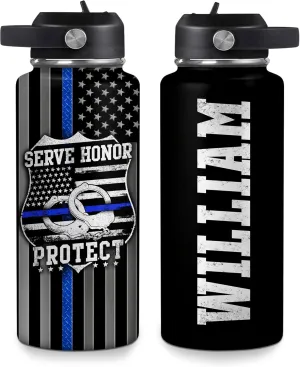 Hyturtle Personalized Police Water Bottle - Insulated Stainless Steel Bottle with Leak-Proof Lid 18 oz 32 oz, Thin Blue Line Flag Gift for Cops, Police Academy Graduation Gifts On Birthday Christmas