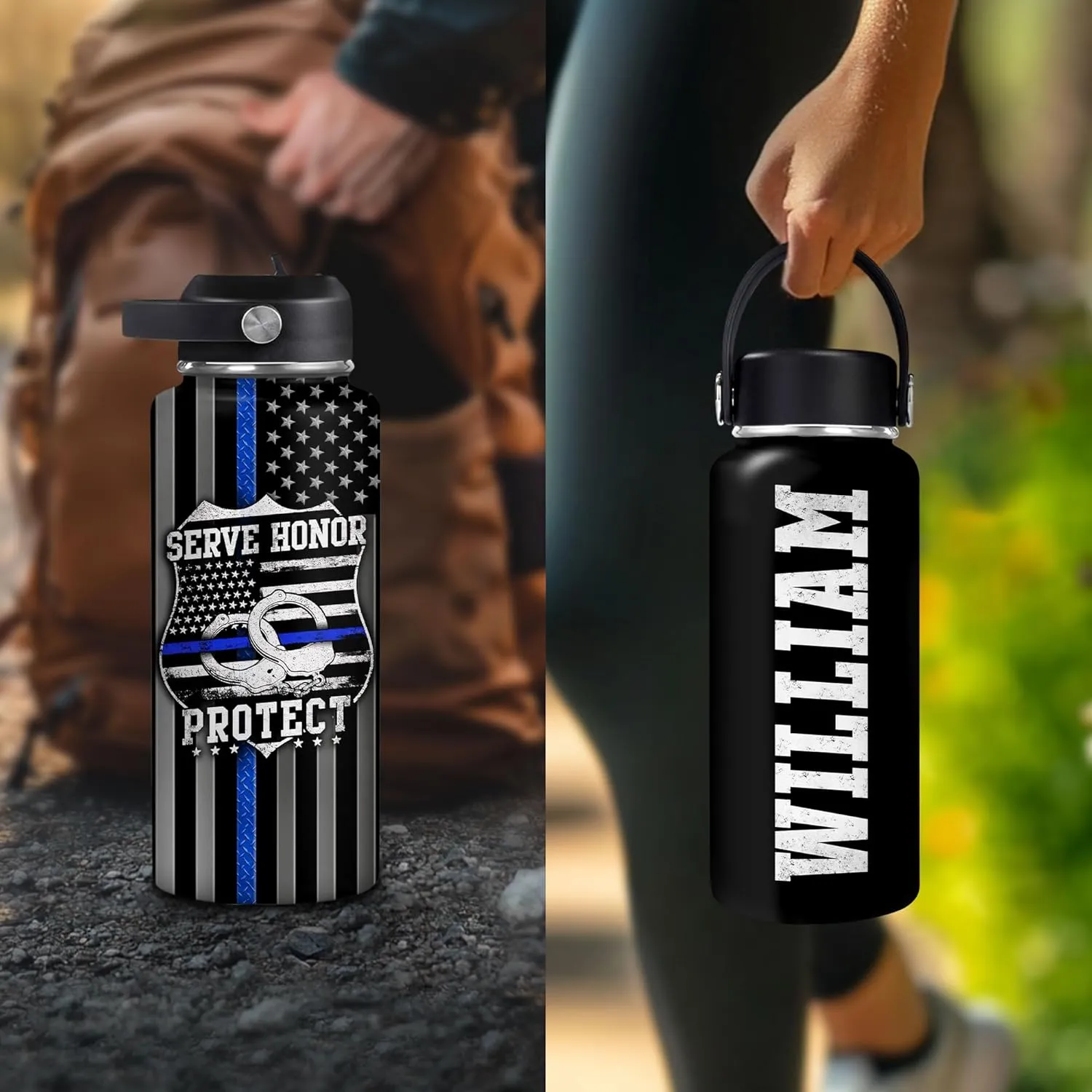 Hyturtle Personalized Police Water Bottle - Insulated Stainless Steel Bottle with Leak-Proof Lid 18 oz 32 oz, Thin Blue Line Flag Gift for Cops, Police Academy Graduation Gifts On Birthday Christmas