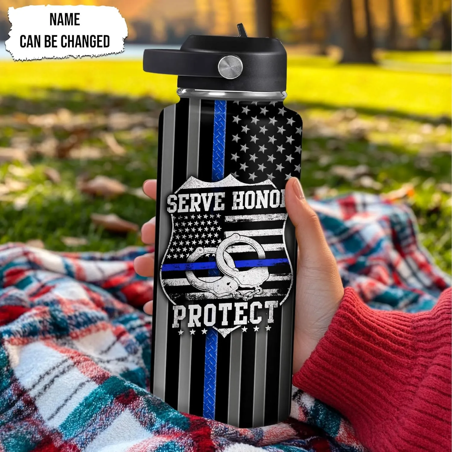 Hyturtle Personalized Police Water Bottle - Insulated Stainless Steel Bottle with Leak-Proof Lid 18 oz 32 oz, Thin Blue Line Flag Gift for Cops, Police Academy Graduation Gifts On Birthday Christmas