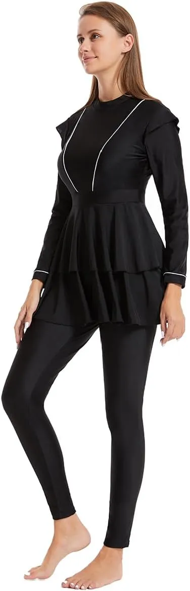 IBAKOM Muslim Swimsuit for Women Burkini Long Pleated Skirt with Swim Cap Modest Bathing Suit Islamic Surfing Rash Guard Set