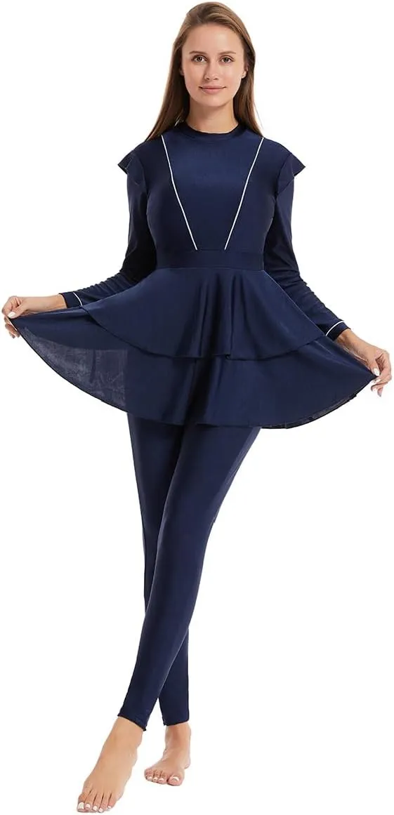 IBAKOM Muslim Swimsuit for Women Burkini Long Pleated Skirt with Swim Cap Modest Bathing Suit Islamic Surfing Rash Guard Set