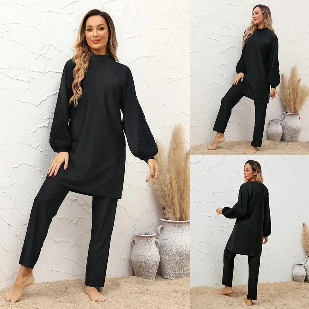 IBAKOM Muslim Swimsuit for Women Modest Long Sleeve 3 Pieces Islamic Swimsuit Burkini Full Coverage Shirt Swim Pant Hijab