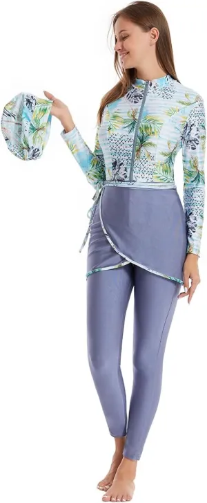 IBAKOM One Piece Modest Burkini for Women Islamic Swimsuits with Wrap Skirt Swim Cap Muslim Bathing Suit Cover Ups