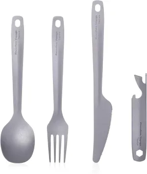 iBasingo Titanium Knife Fork Spoon with Bottle Opener 4 in 1 Camping Travel Ultralight Cutlery Set Outdoor Kitchen Portable Metal Tableware Set Ti1066T