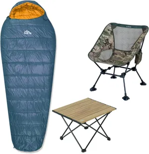 iClimb 1 3M Thinsulate Insulation Sleeping Bag and 1 Anti-Sinking Large Feet Chair and 1 Folding Table Bundle, Ultralight Compact for Single Adult Outdoor Backpacking Camping Hiking Beach