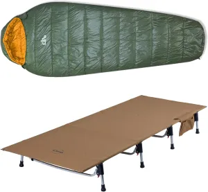 iClimb 1 3M Thinsulate Insulation Sleeping Bag and 1 Super Easy Assemble Cot Bundle, Ultralight Compact for Solo Adult Outdoor Backpacking Camping