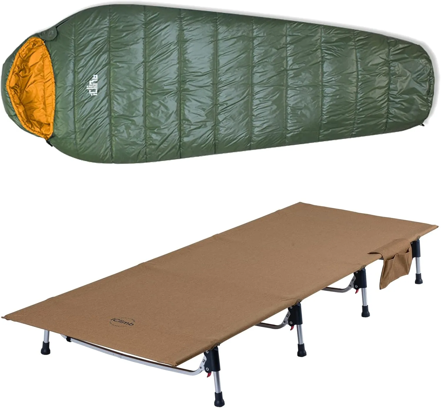 iClimb 1 3M Thinsulate Insulation Sleeping Bag and 1 Super Easy Assemble Cot Bundle, Ultralight Compact for Solo Adult Outdoor Backpacking Camping