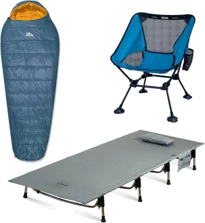iClimb 1 Anti-Sinking Folding Chair and 1 Super Easy Assemble Cot and 1 3M Thinsulate Insulation Warm Sleeping Bag Bundle, Ultralight Compact for Single Adult Backpacking Camping