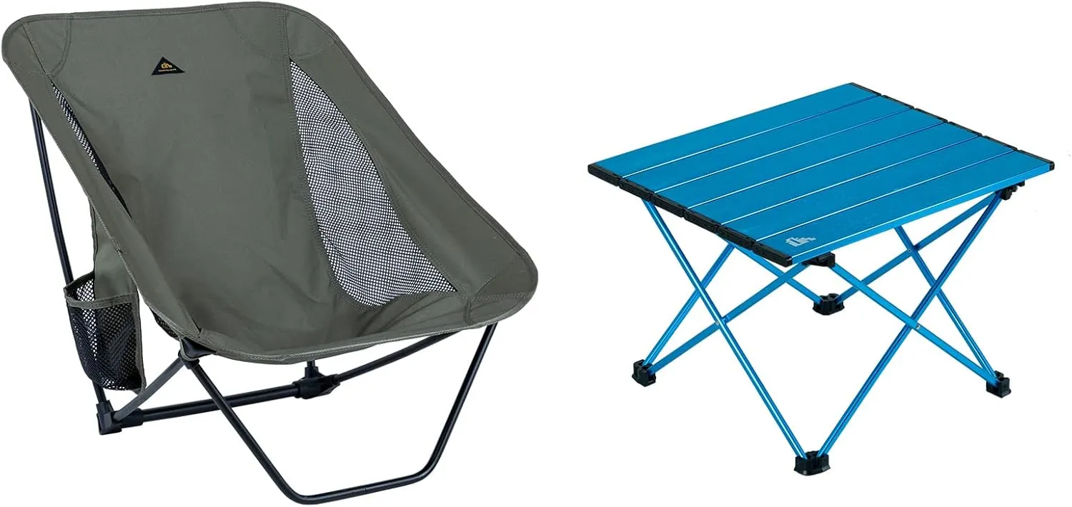iClimb 1 Folding Table and 1 Low Folding Chair Bundle, Ultralight Compact for Adults Outdoor Backpacking Camping Hiking Beach Concert