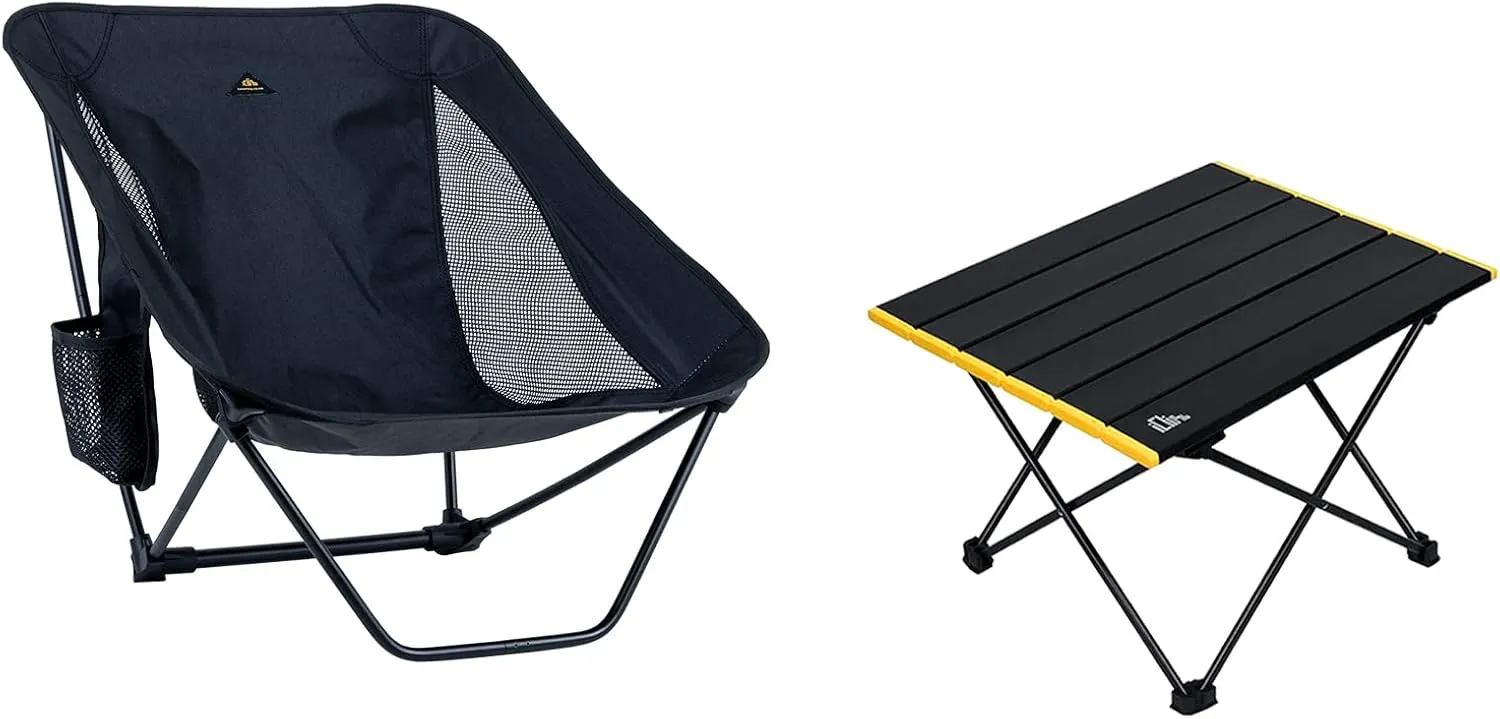iClimb 1 Folding Table and 1 Low Folding Chair Bundle, Ultralight Compact for Single Adult Outdoor Backpacking Camping Hiking Beach Concert