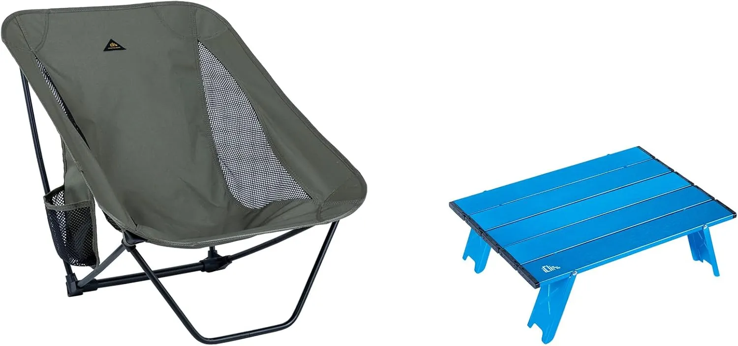 iClimb 1 Mini Folding Table and 1 Low Folding Chair Bundle, Ultralight Compact for Single Person Outdoor Backpacking Camping Hiking Beach Concert