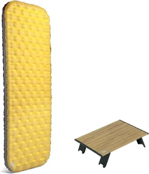 iClimb 1 Mini Folding Table and 1 Stable Comfortable Air Sleeping Pad Bundle, Ultralight Compact for Solo Adult Outdoor Camping Hiking Backpacking Beach Concert