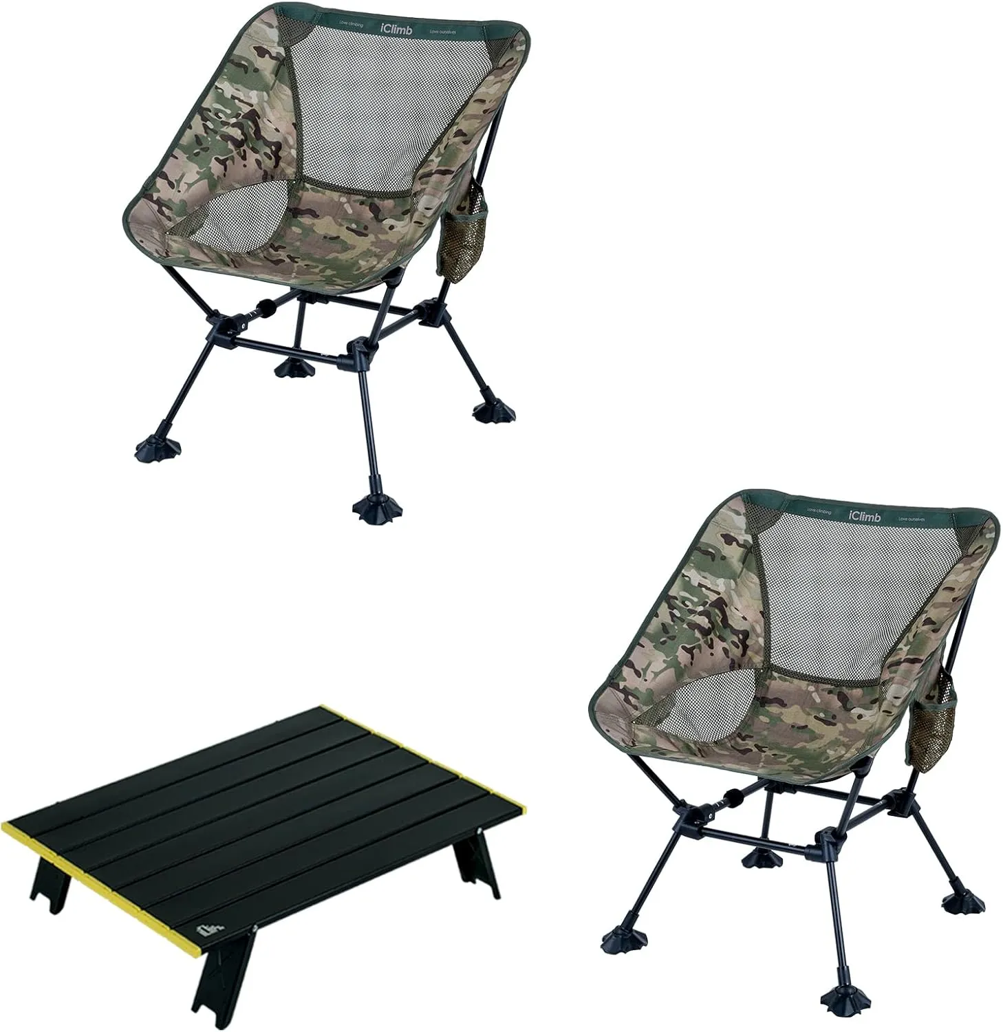 iClimb 1 Mini Folding Table and 2 Anti-Sinking Large Feet Chair Bundle, Ultralight Compact for Two Person Outdoor Backpacking Camping Hiking Beach Concert