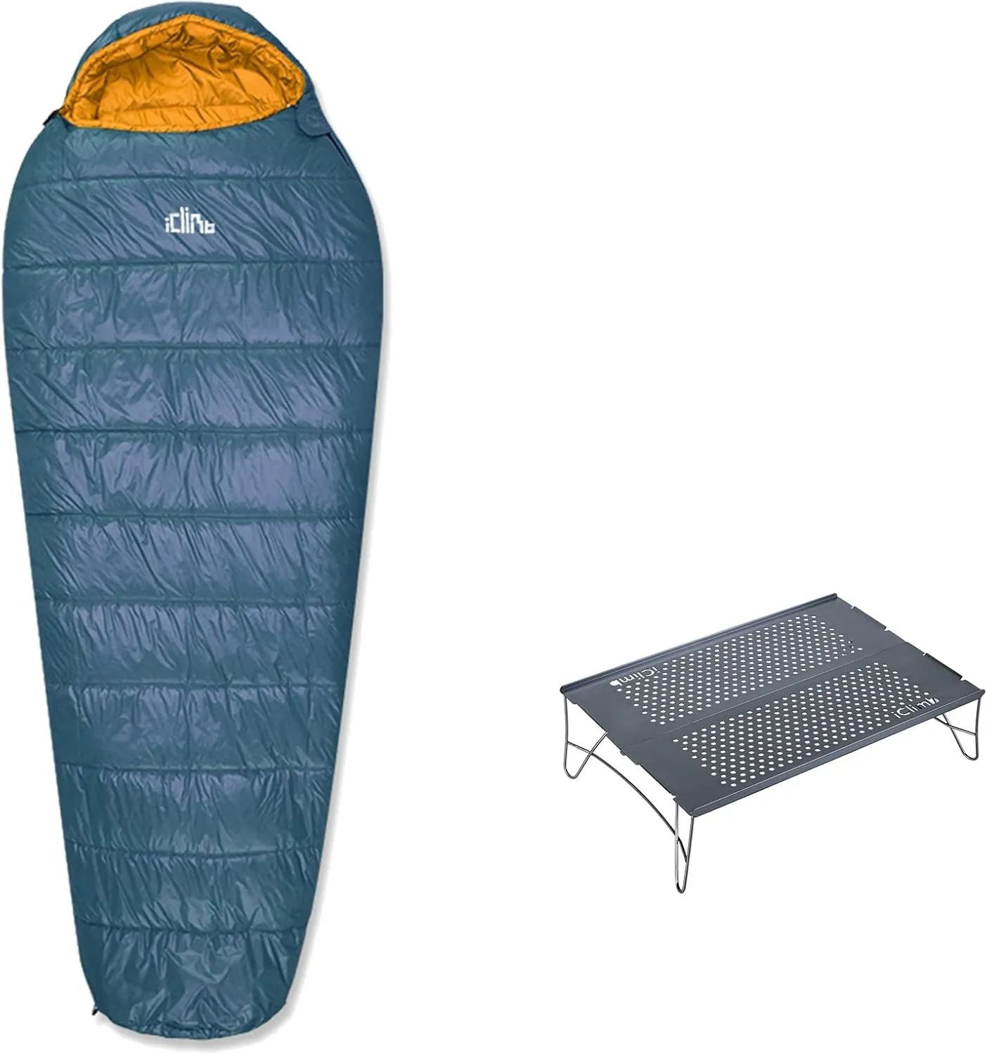 iClimb 1 Solo Mini Folding Table and 1 3M Thinsulate Insulation Sleeping Bag Bundle, Ultralight Compact for Solo Adult Backpacking Camping Hiking Motorcycling Outdoor