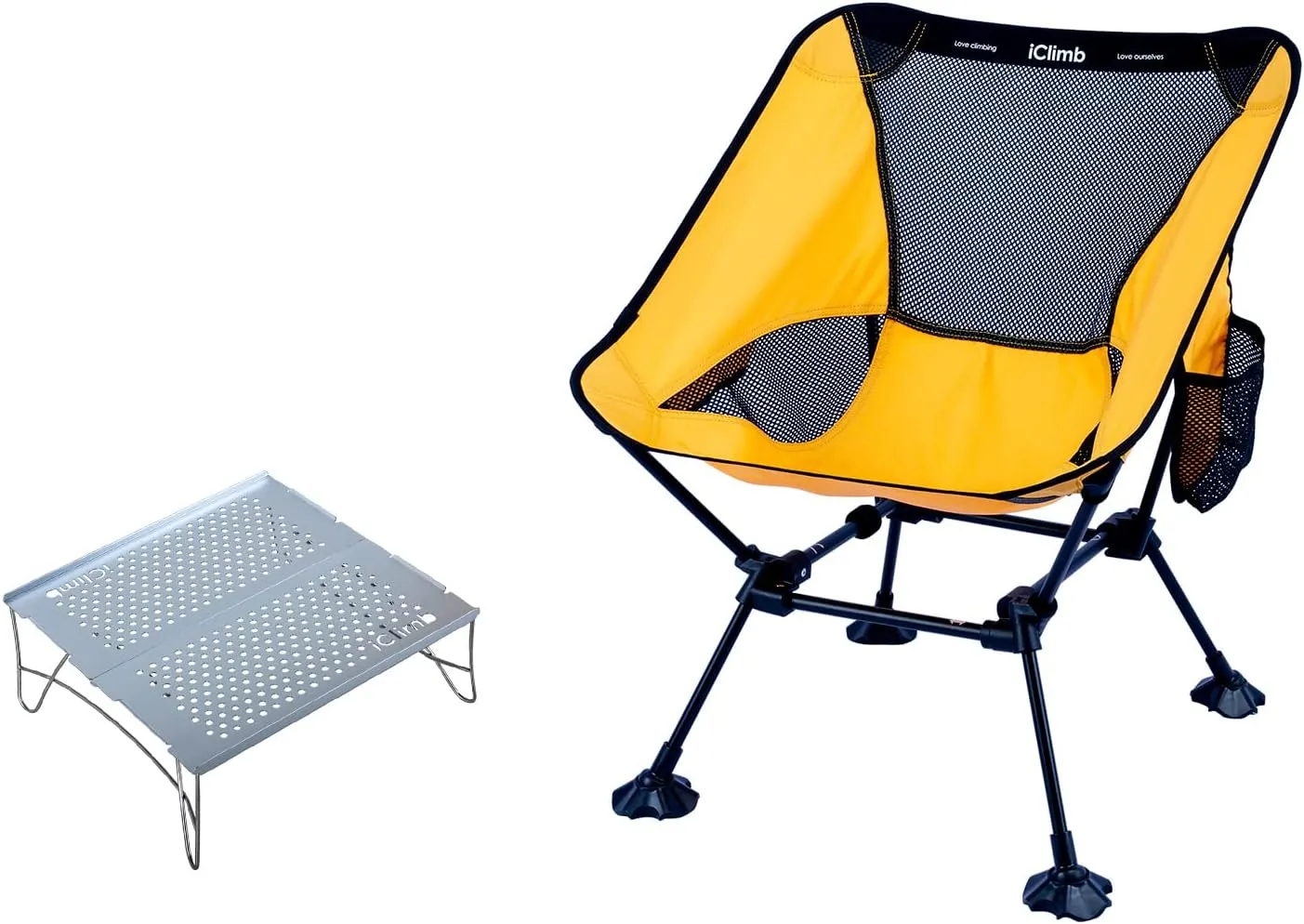 iClimb 1 Solo Mini Folding Table and 1 Anti-Sinking Large Feet Chair Bundle, Ultralight Compact for Single Adult Outdoor Backpacking Hiking Camping Beach Concert