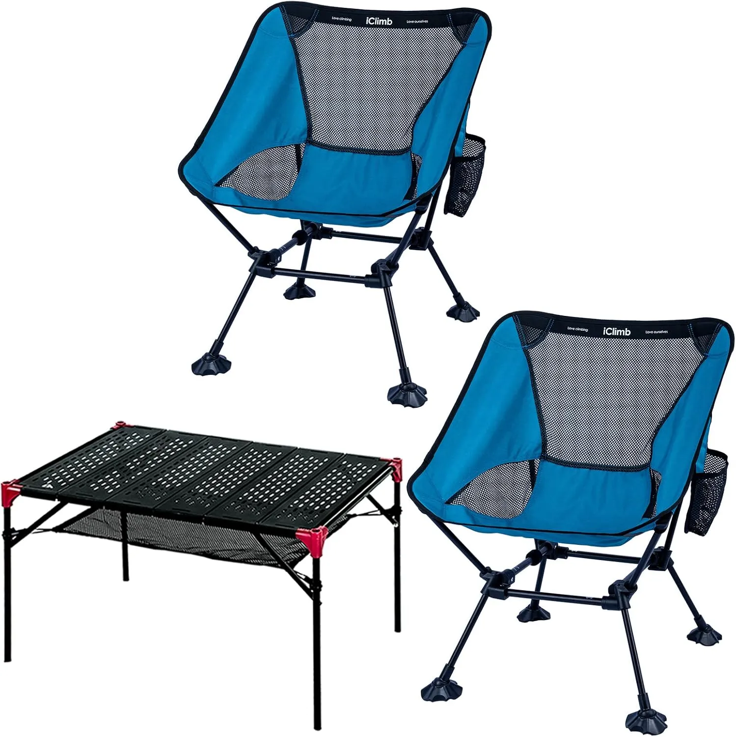 iClimb 2 Anti-Sinking Large Feet Chair and 1 Extendable Table Bundle, Ultralight Compact for Two Adults Outdoor Backpacking Camping Hiking Beach Concert