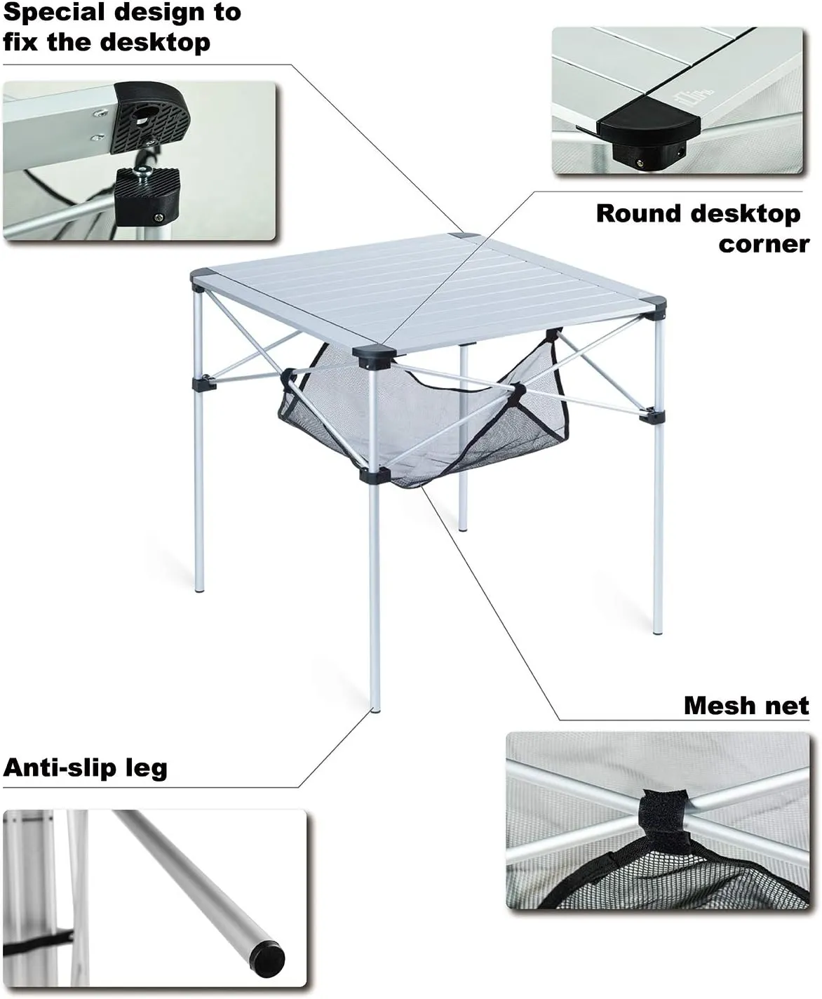 iClimb Lightweight Stable Alu. Folding Square Table Roll Up Top with Carry Bag for Camping Picnic Backyards BBQ Camp Kitchen (Black, L)