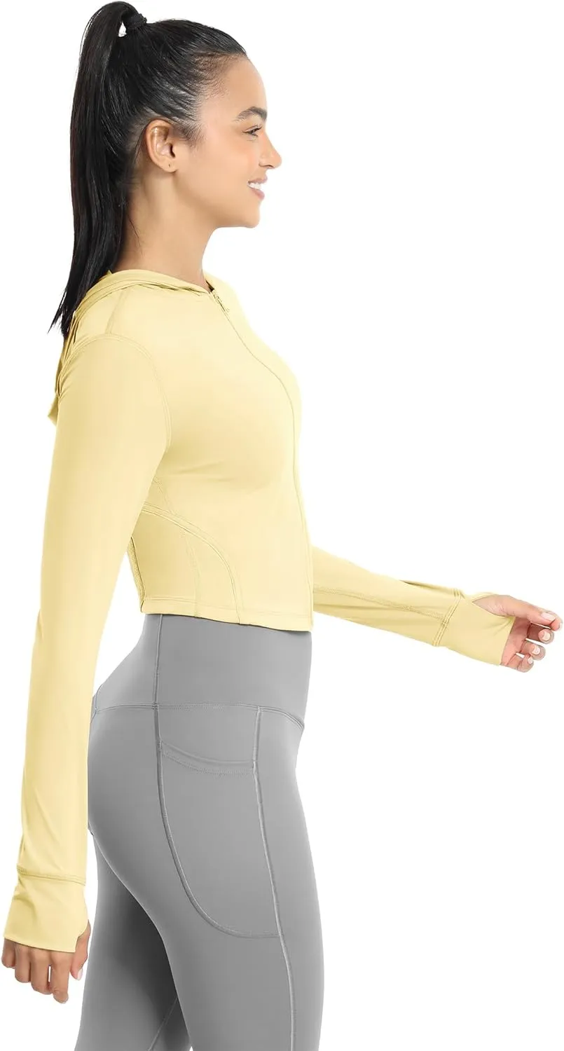icyzone Women's UPF 50  Athletic Jackets, Lightweight Zip Up Cropped Long Sleeve Shirts with Thumb Holes