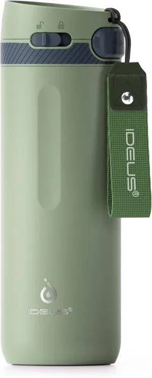 IDEUS Insulated Stainless Steel Water Bottle 17 oz Push Button Lid & Leakproof Travel Mug for Hot/Cold Beverages Fits Most Cup Holder (Green)