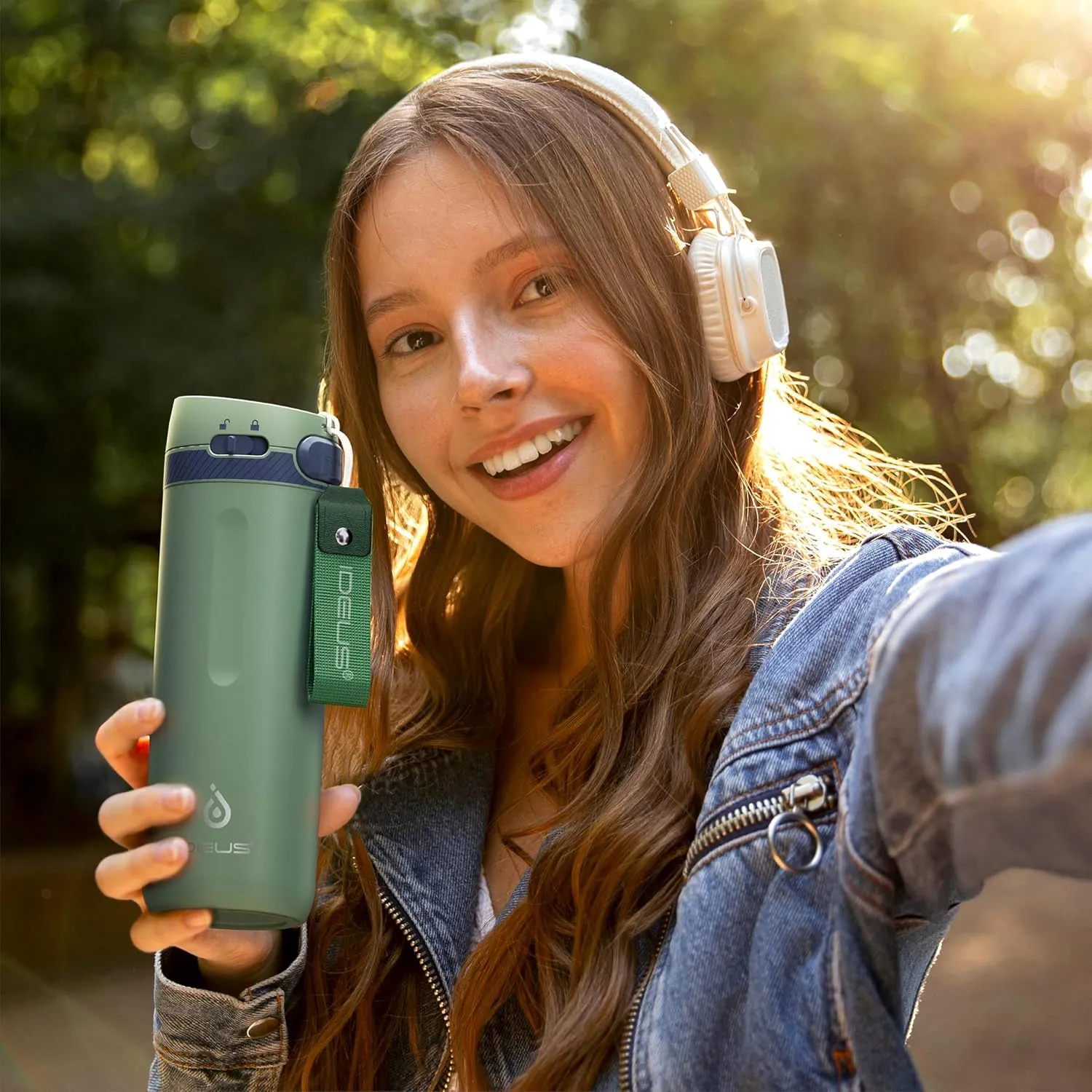 IDEUS Insulated Stainless Steel Water Bottle 17 oz Push Button Lid & Leakproof Travel Mug for Hot/Cold Beverages Fits Most Cup Holder (Green)