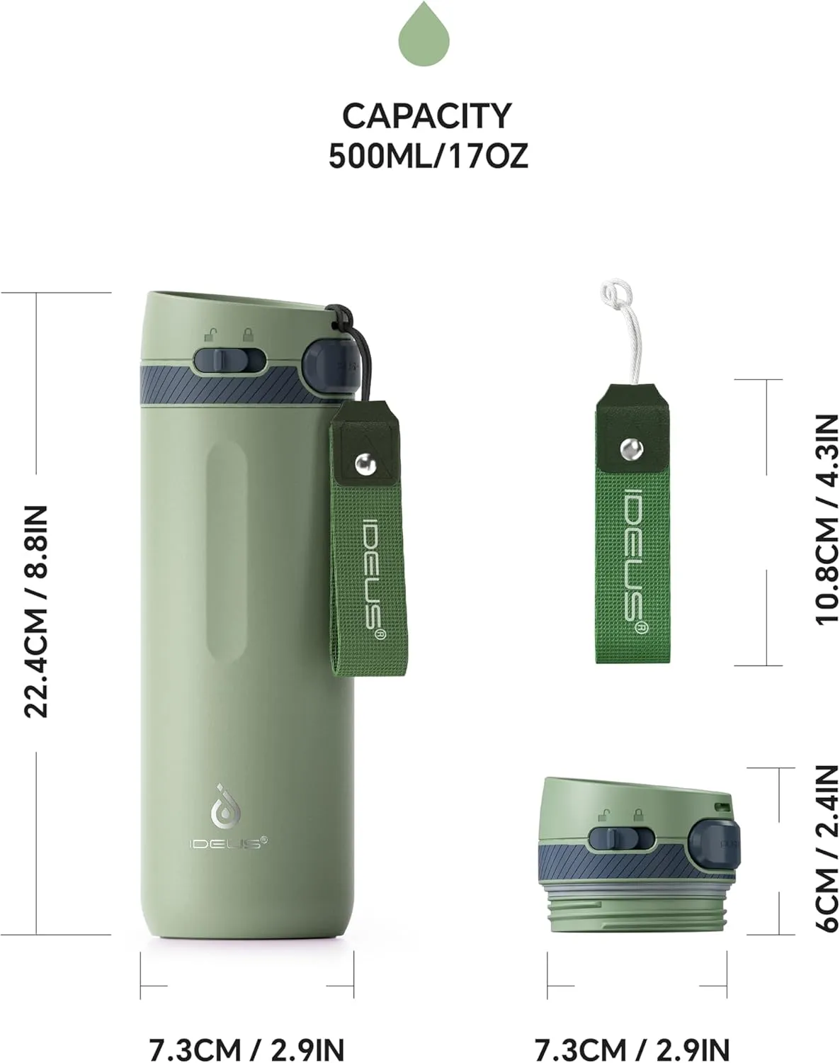 IDEUS Insulated Stainless Steel Water Bottle 17 oz Push Button Lid & Leakproof Travel Mug for Hot/Cold Beverages Fits Most Cup Holder (Green)
