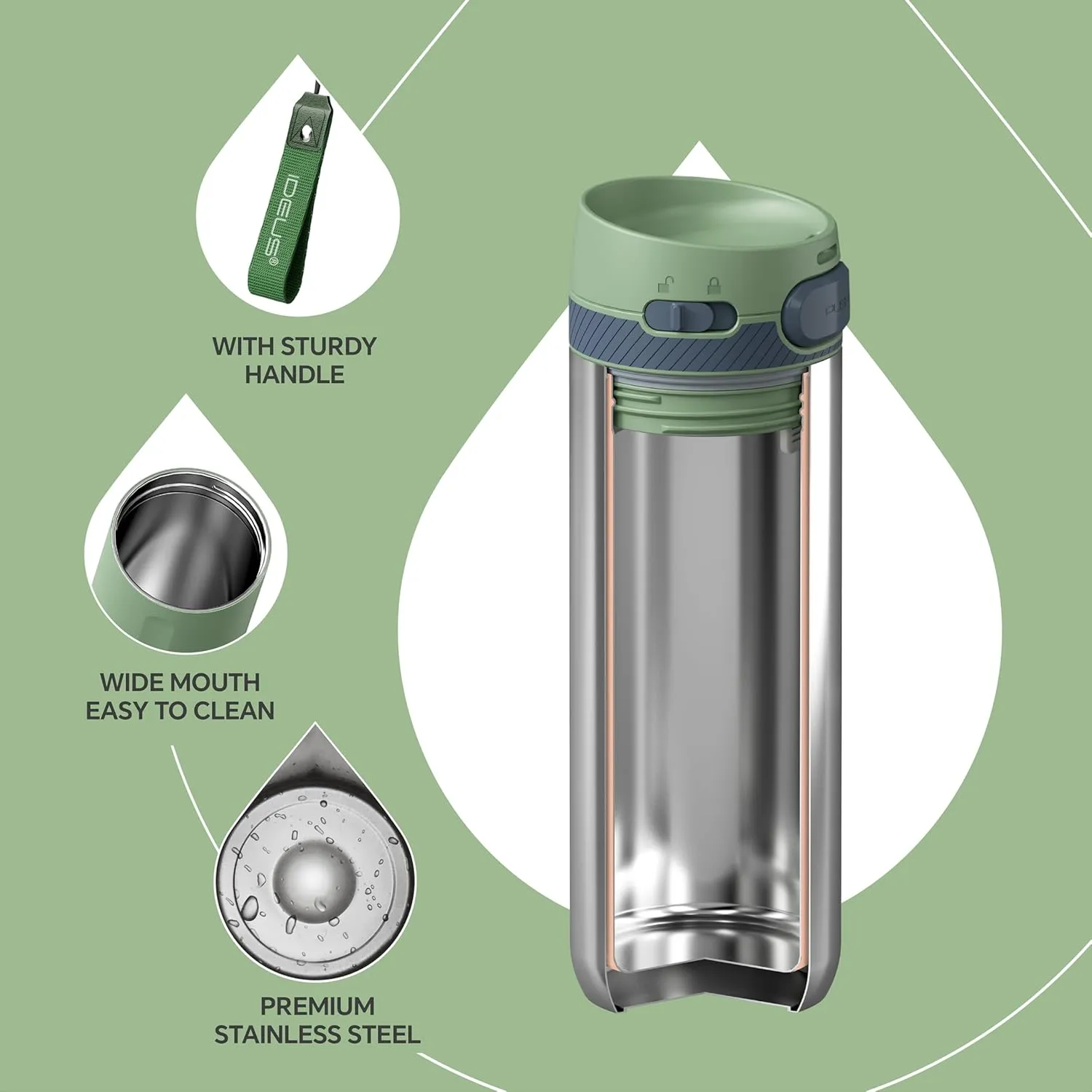 IDEUS Insulated Stainless Steel Water Bottle 17 oz Push Button Lid & Leakproof Travel Mug for Hot/Cold Beverages Fits Most Cup Holder (Green)