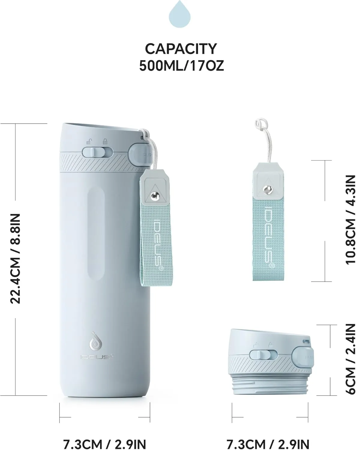 IDEUS Insulated Stainless Steel Water Bottle 17 oz Push Button Lid & Leakproof Travel Mug for Hot/Cold Beverages Fits Most Cup Holder (Light Blue)