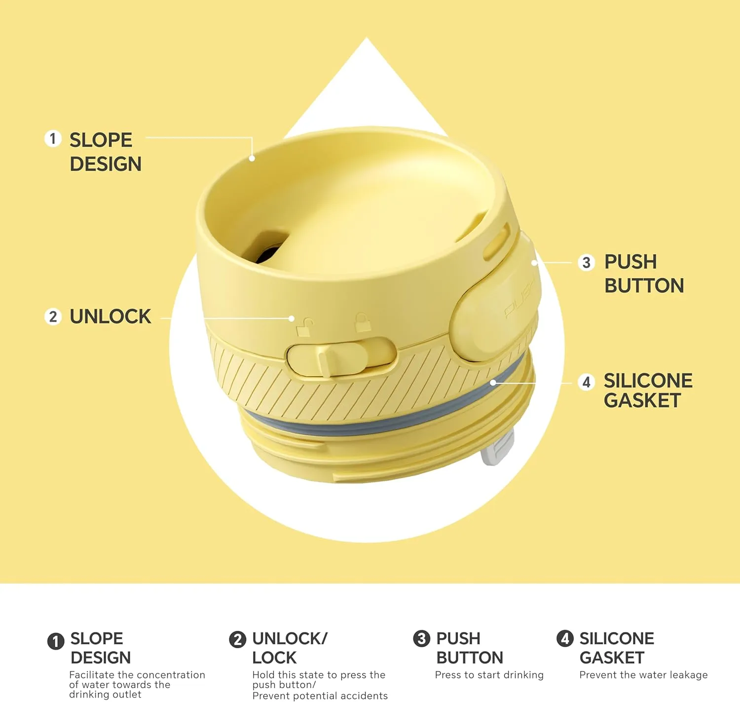 IDEUS Insulated Stainless Steel Water Bottle 17 oz Push Button Lid & Leakproof Travel Mug for Hot/Cold Beverages Fits Most Cup Holder, Light Yellow