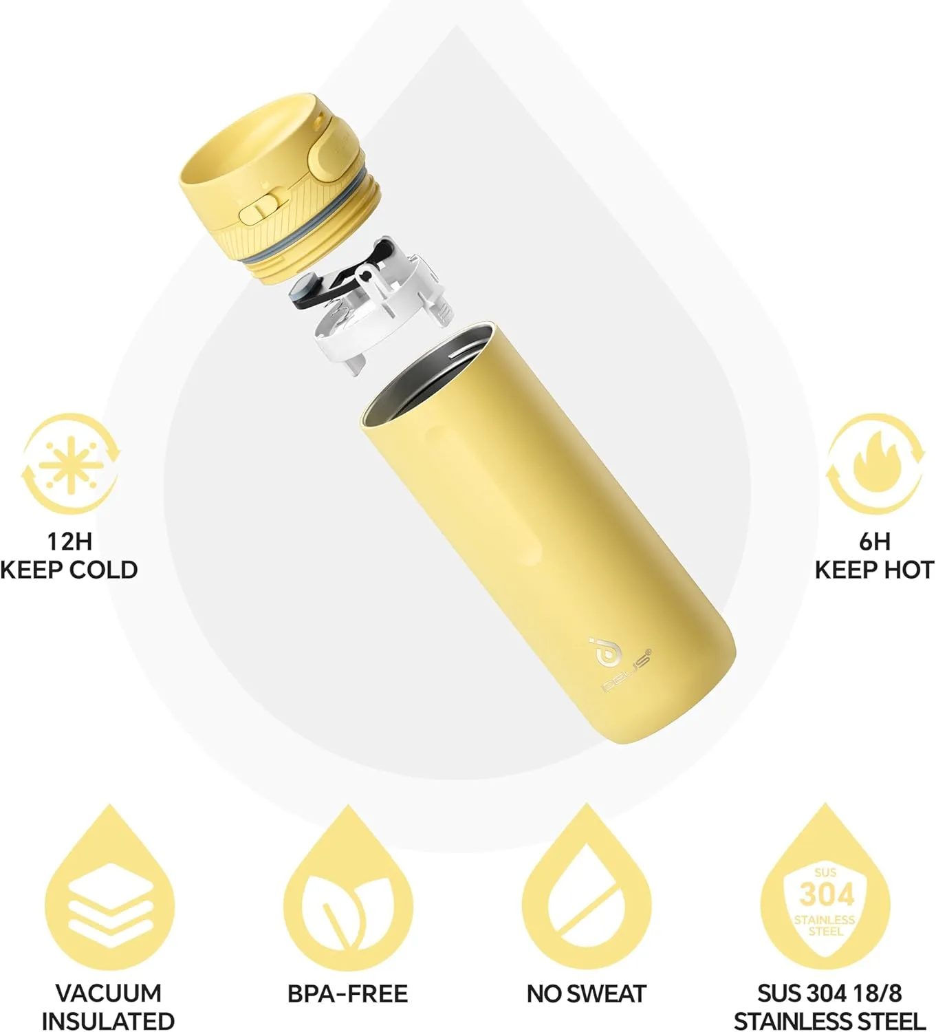 IDEUS Insulated Stainless Steel Water Bottle 17 oz Push Button Lid & Leakproof Travel Mug for Hot/Cold Beverages Fits Most Cup Holder, Light Yellow